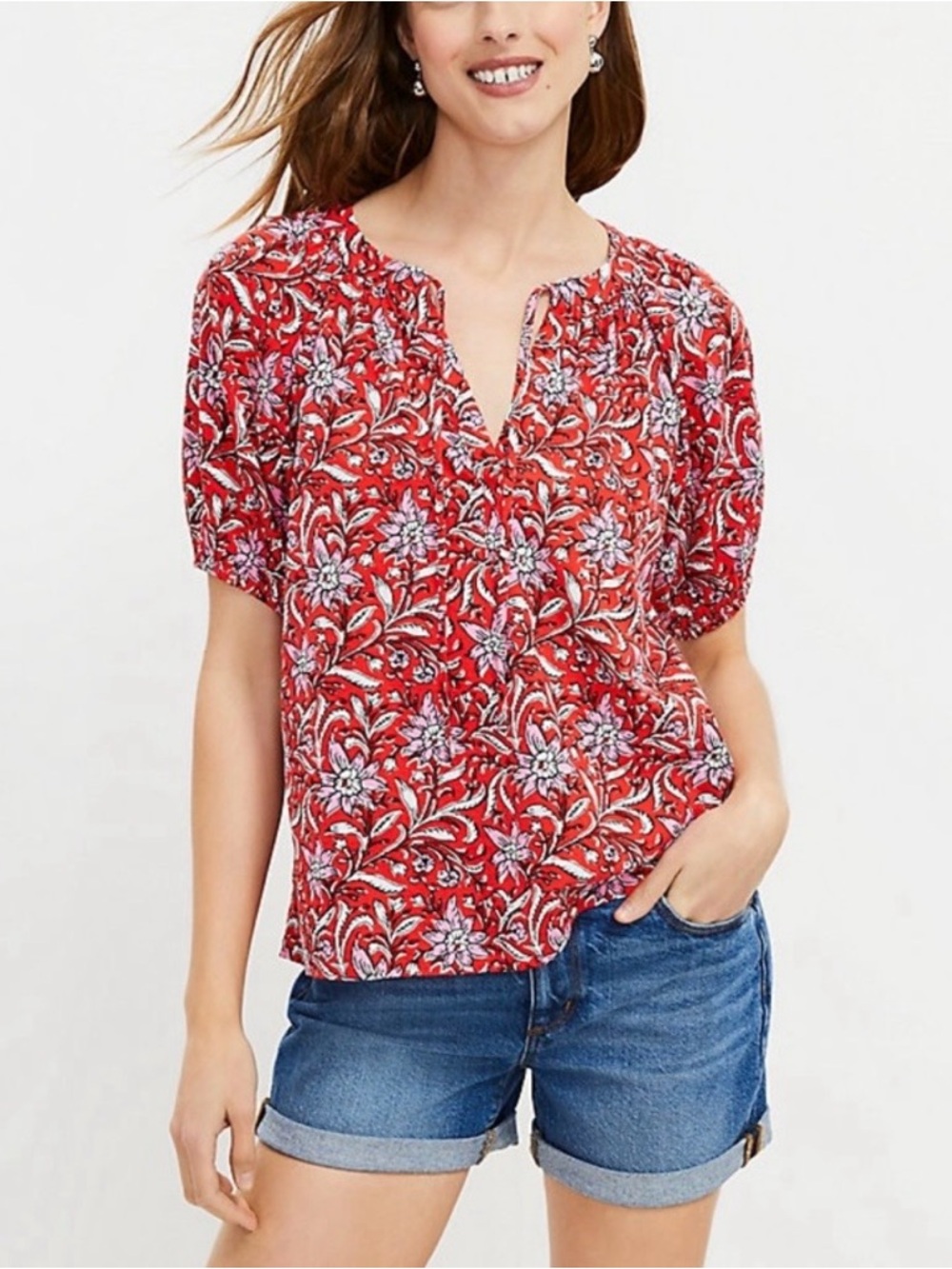 LOFT Spring Bloom Tie Neck Floral Puff Sleeve Peasant Top